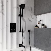 Black 2 Outlet Thermostatic Bath Mixer Shower Set With Hand Shower and Bath Filler Spout - Zana