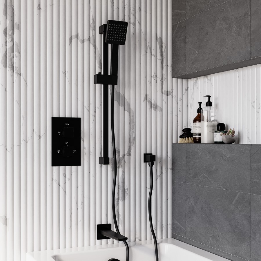 Black 2 Outlet Thermostatic Bath Mixer Shower Set With Hand Shower and Bath Filler Spout - Zana
