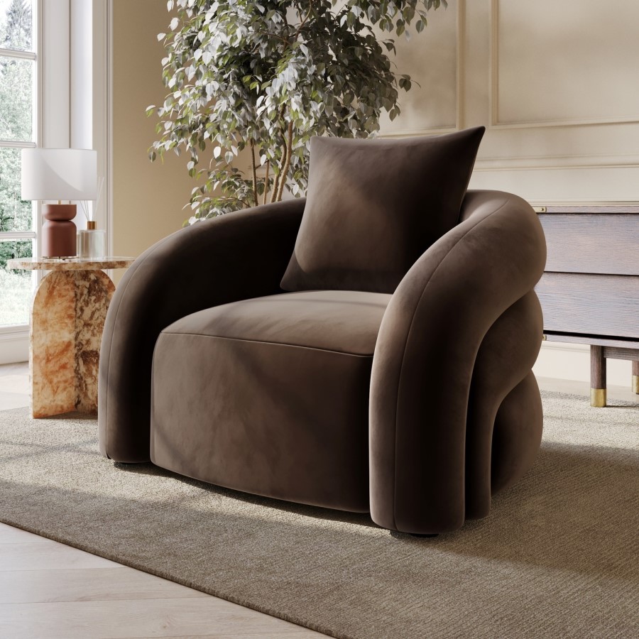 Brown Velvet Accent Chair with Cushion - Zuri
