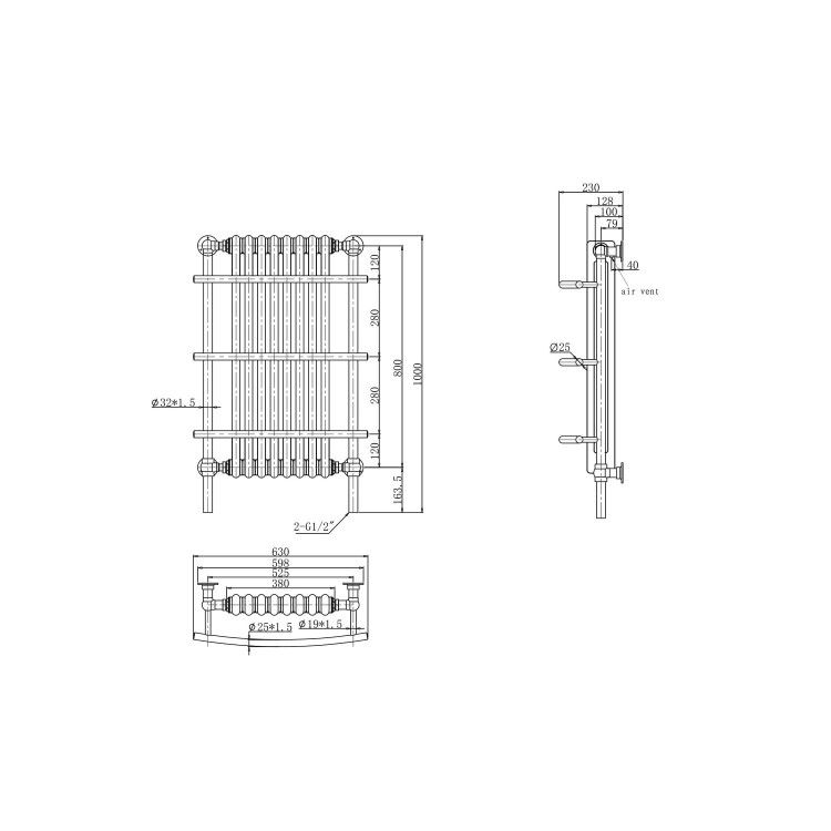 White Chrome Traditional Wall Hung Towel Radiator - 1000 x 630 x 230mm