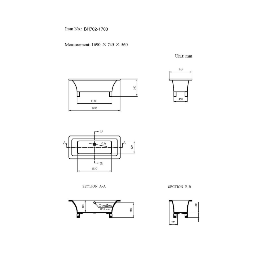 Chalice Traditional Freestanding Bath with Chrome Feet - 1690 x 740 x 570mm