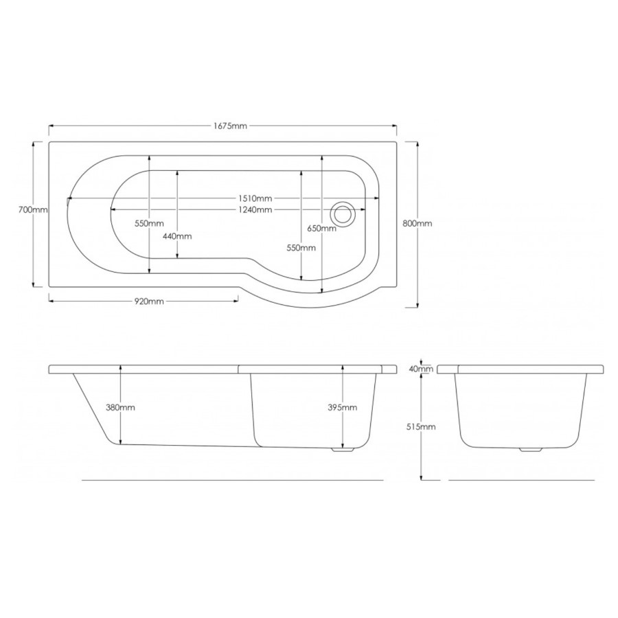 Dee Right Hand P Shape Shower Bath - 1675 x 800mm