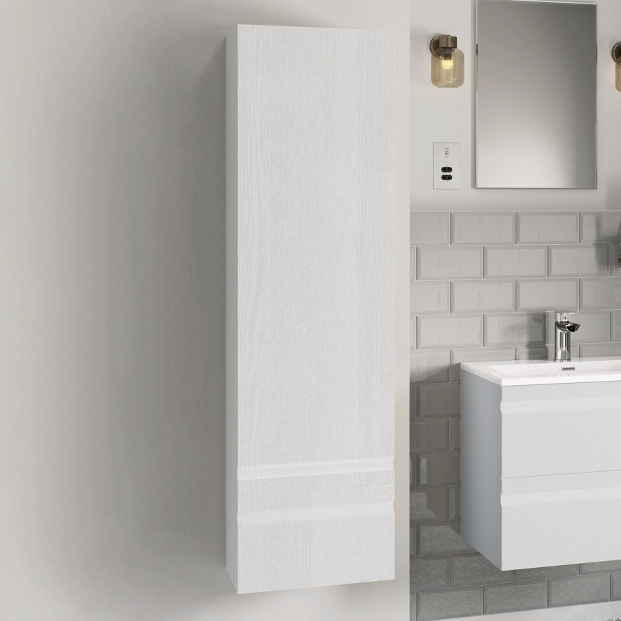White Wood Effect Wall Mounted Tall Bathroom Cabinet 400mm - Boston