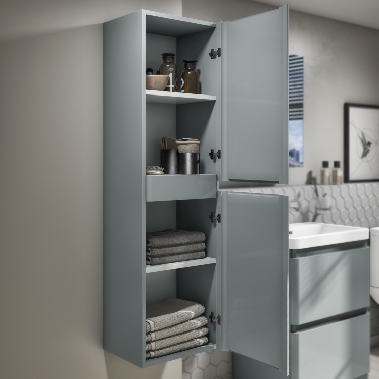 400mm Grey Wall Mounted Tall Bathroom Cabinet - Portland