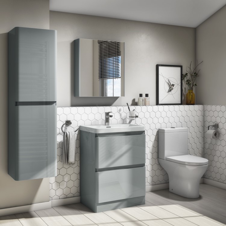 400mm Grey Wall Mounted Tall Bathroom Cabinet - Portland