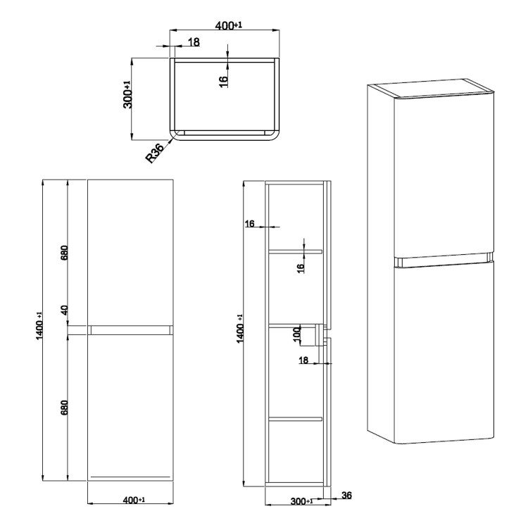 400mm Grey Wall Mounted Tall Bathroom Cabinet - Portland