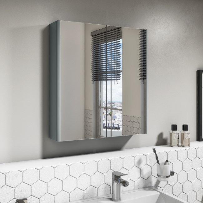 600mm Wall Hung Mirrored 2 Door Cabinet Gloss Light Grey - Portland