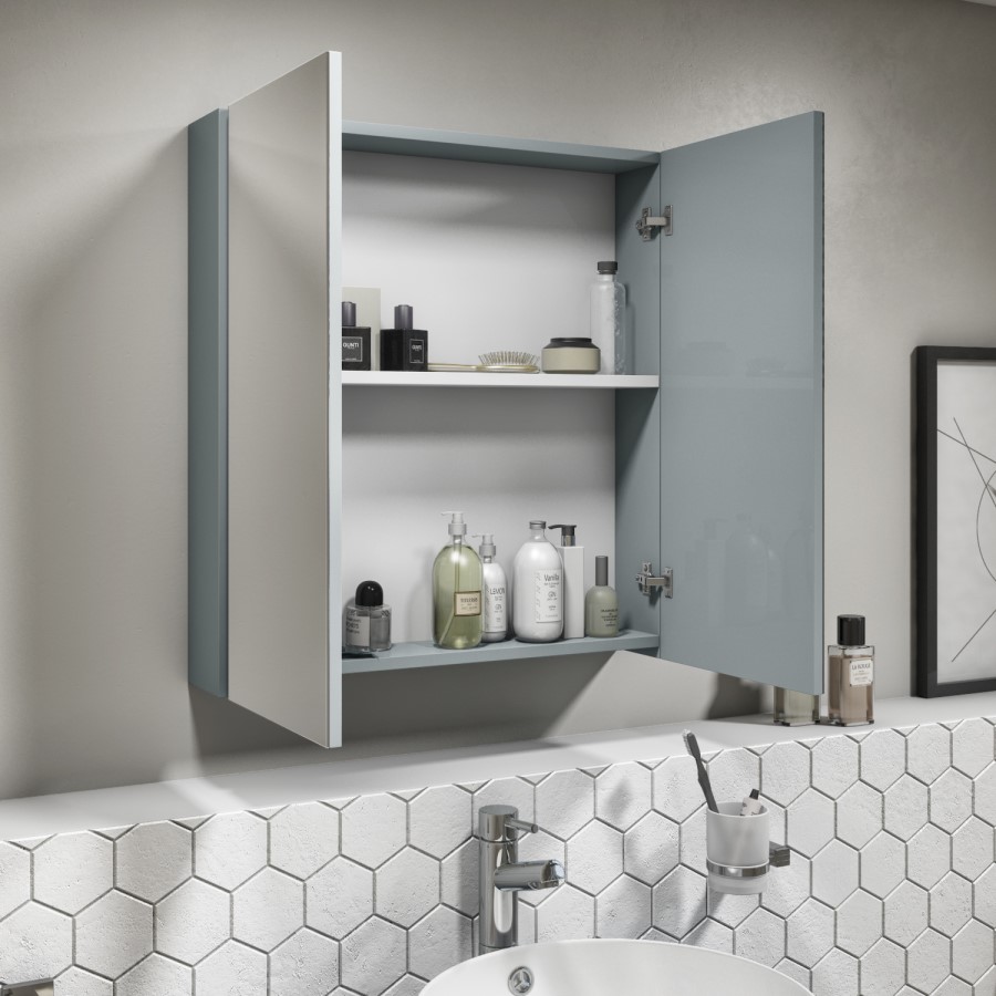 600mm Wall Hung Mirrored 2 Door Cabinet Gloss Light Grey - Portland