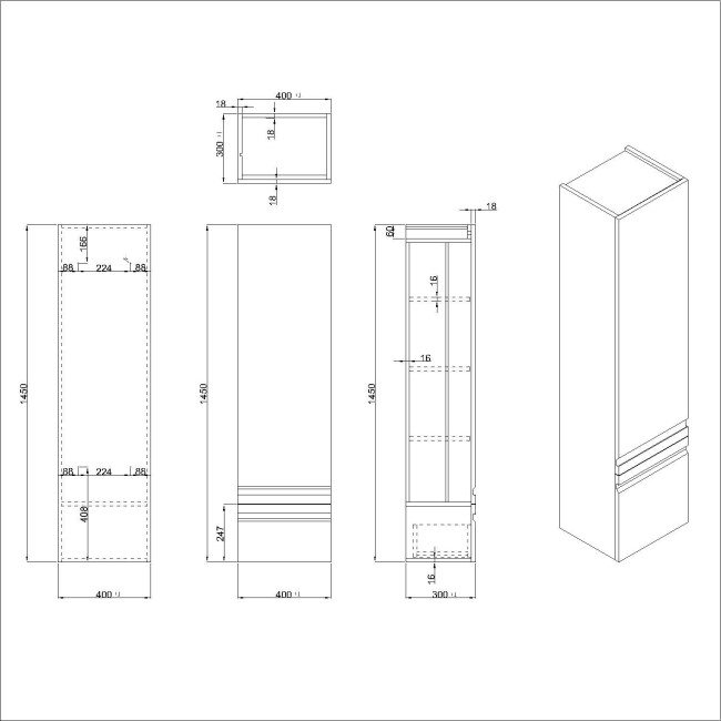 Single Door Light Wood Effect Wall Mounted Tall Bathroom Cabinet 400 x 1450mm - Boston