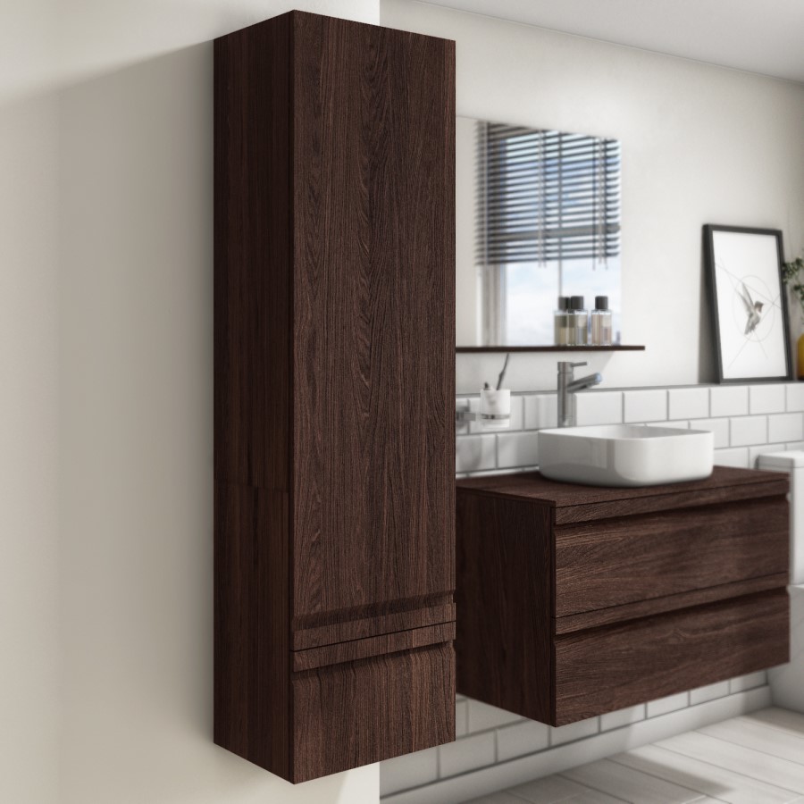 Single Door Dark Wood Effect Wall Mounted Tall Bathroom Cabinet 400mm x 1450mm - Boston