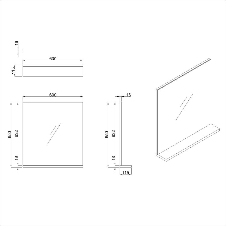 Rectangular Oak Mirror With Shelf 650 x 600mm - Boston