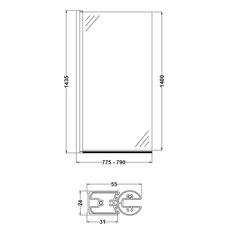 Straight Hinged 1435 x 790 Bath Screen 6mm