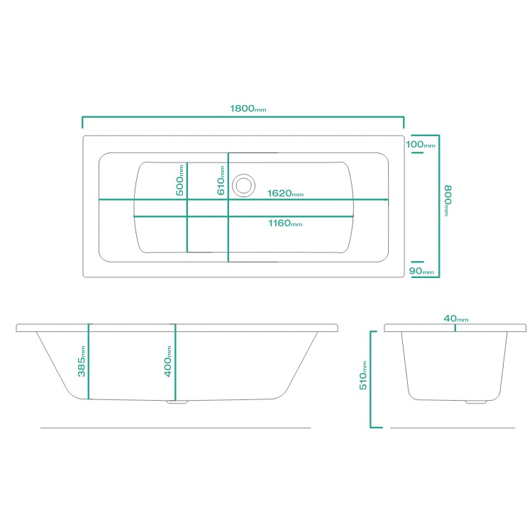 Chiltern Square Double Ended Bath - 1800 x 800mm