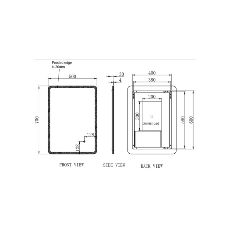 Rectangular Heated Bathroom Mirror with Lights 500 x 700mm - Ariel