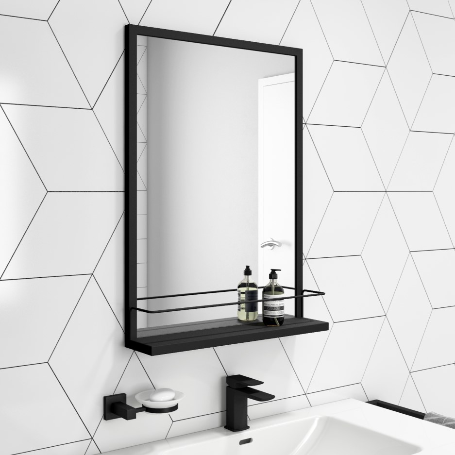 500 x 700mm Rectangle Black Frame Mirror with Shelf Iona Furniture123