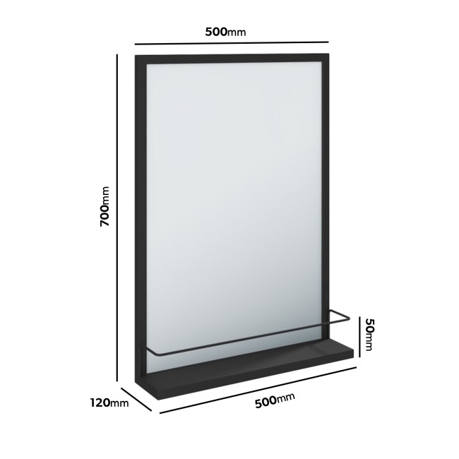 Rectangular Black Bathroom Mirror with Shelf - 500 x 700mm - Iona