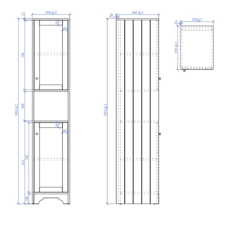 Double Door Blue Freestanding Tall Bathroom Cabinet 350 x 1884mm- Baxenden