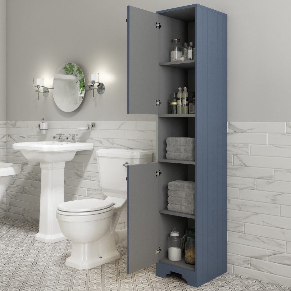 Traditional Tall Boy Bathroom Cabinet - Doors & Shelves - Matt Blue