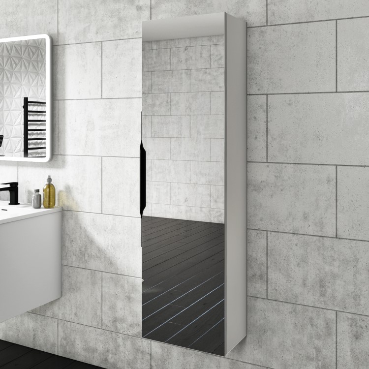 Single Door White Mirrored Wall Mounted Tall Bathroom Cabinet 400 x 1400mm - Sion