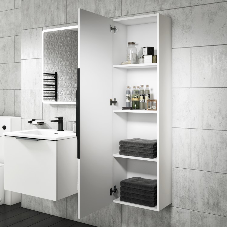 Single Door White Mirrored Wall Mounted Tall Bathroom Cabinet 400 x 1400mm - Sion