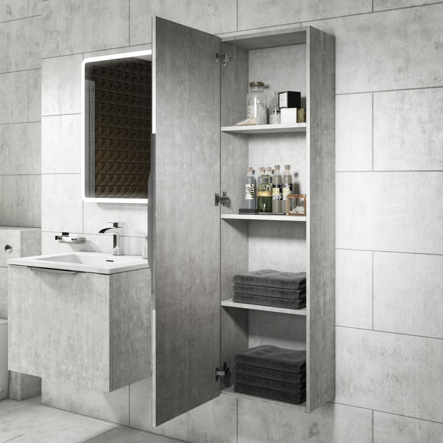 Concrete Effect Mirrored Wall Mounted Tall Bathroom Cabinet 400mm ...