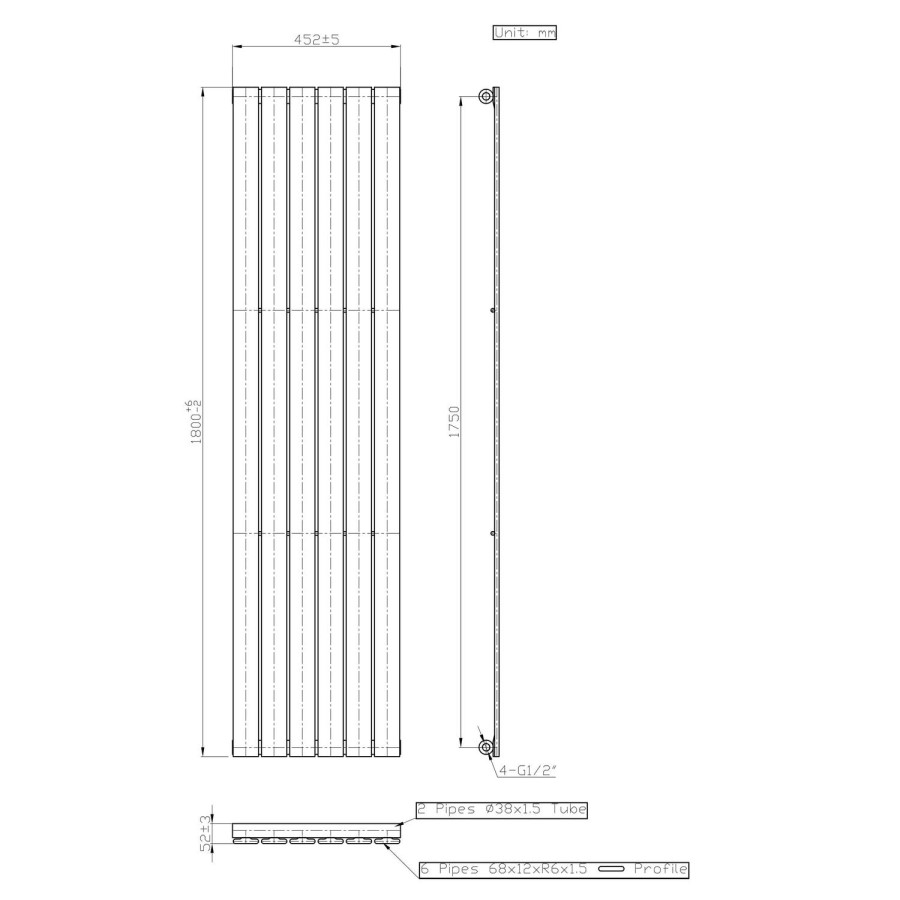 Single Panel Chrome Vertical Living Room Radiator - 1800mm x 452mm