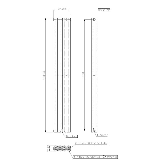 White Vertical Double Panel Radiator 1600 x 240mm - Margo