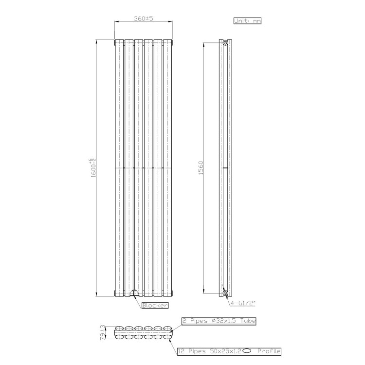 White Vertical Double Panel Radiator 1600 x 360mm - Margo