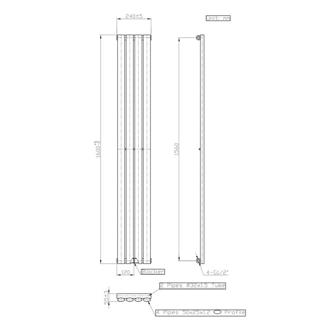 Anthracite Vertical Single Panel Radiator 1600 x 240mm - Margo