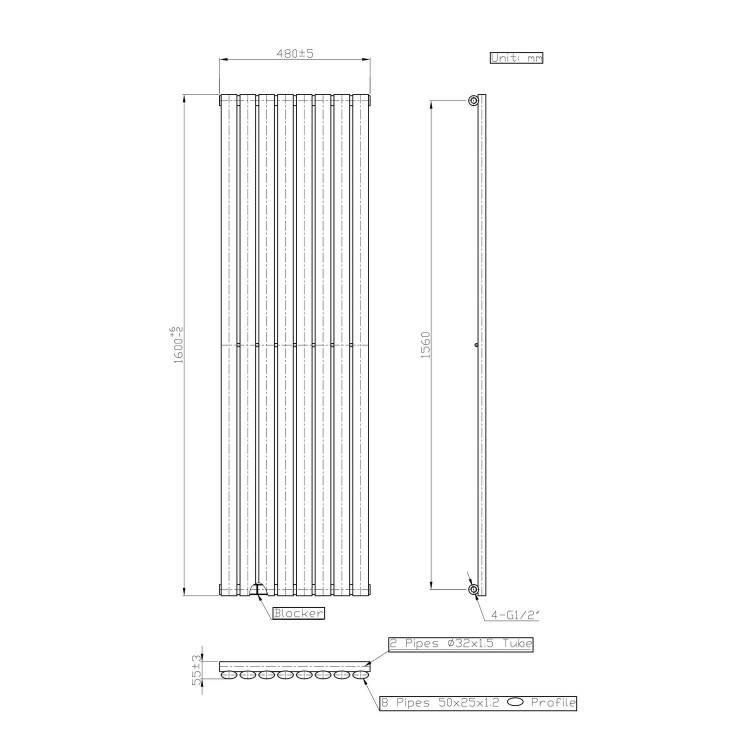 Anthracite Vertical Single Panel Radiator with Towel Bar 1600 x 480mm - Margo