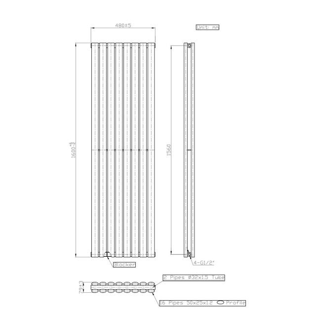 Anthracite Vertical Double Panel Radiator 1600 x 480mm - Margo