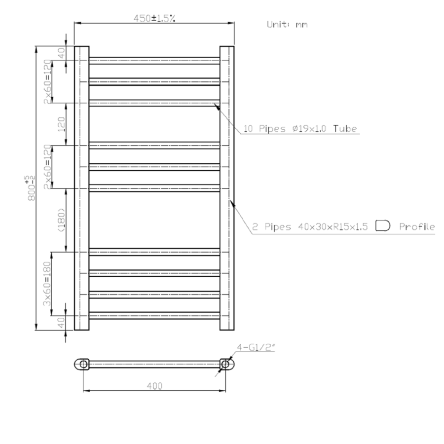 Chrome Heated Towel Rail Radiator 800 x 450mm - Sahara