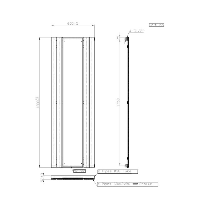 1800mm x 600mm Single Panel Vertical Radiator with Mirror