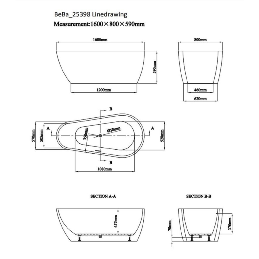 Freestanding Single Ended Bath 1600 x 800mm - Monaco