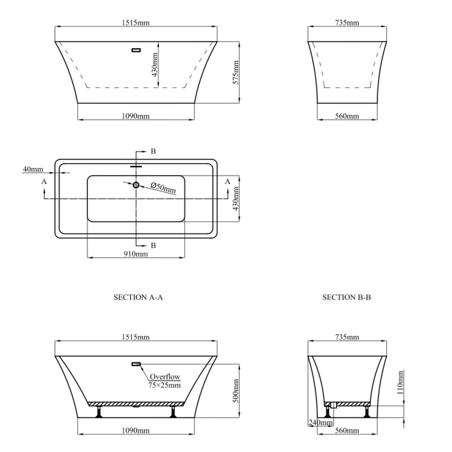 Freestanding Double Ended Bath 1515 x 735mm - Seattle