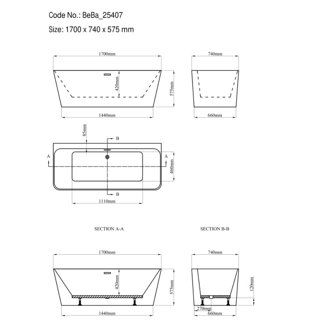 Freestanding Double Ended Back to Wall Bath 1700 x 740mm - Oslo