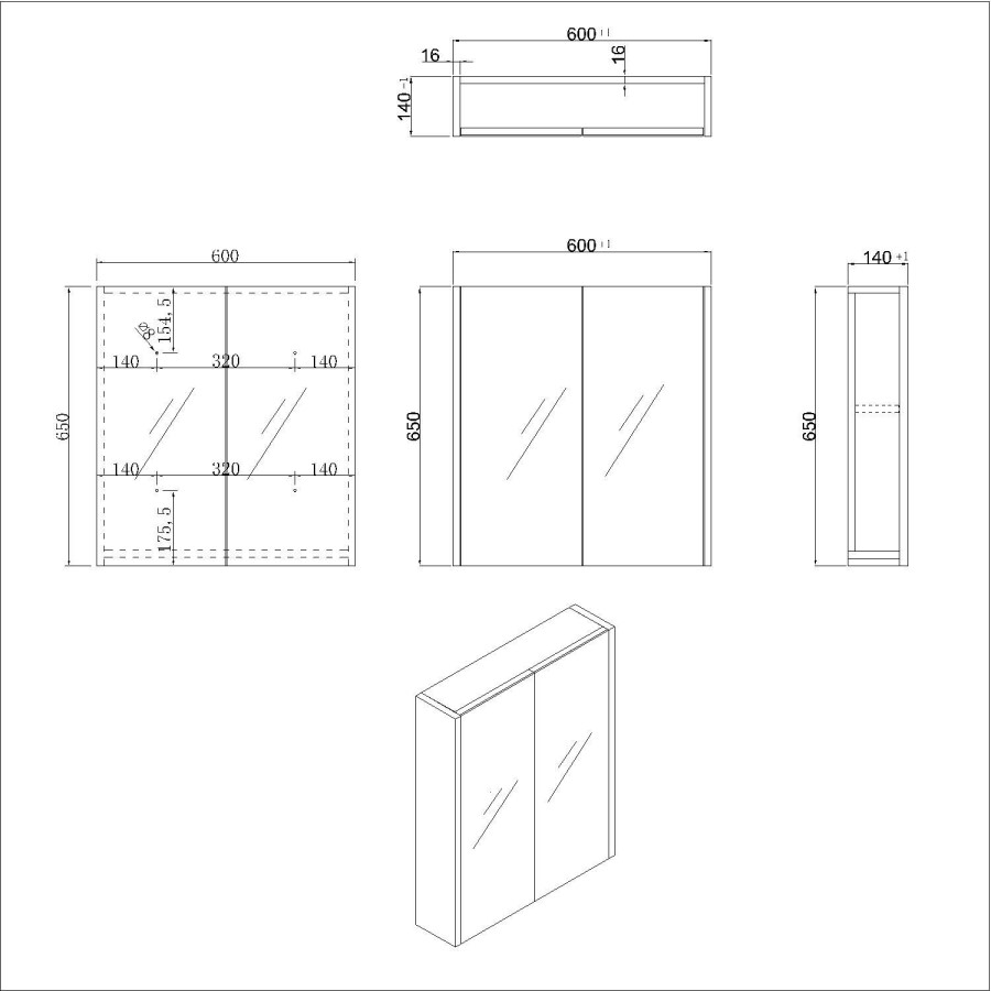 White 2 Door Mirrored Bathroom Cabinet 600 x 650mm - Ashford