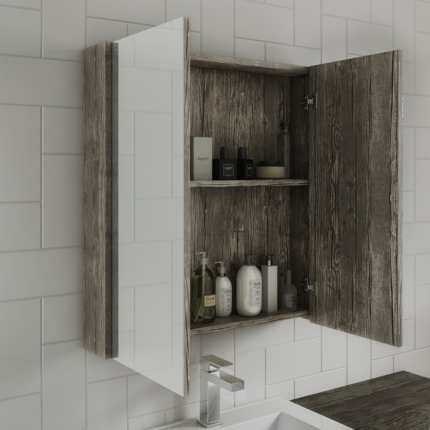 Wood Effect Mirrored Wall Bathroom Cabinet 600 x 650mm - Ashford ...