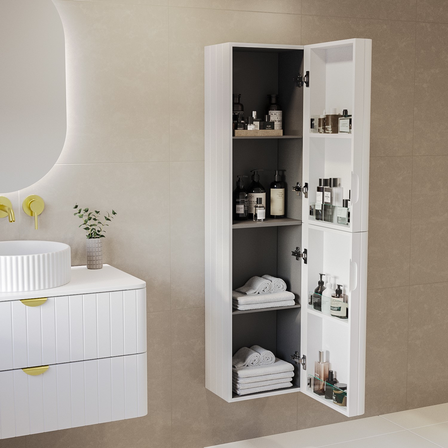 White Wall Mounted Tall Bathroom Cabinet 350mm - Empire - Furniture123