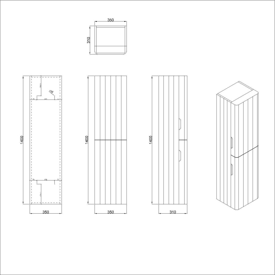 Double Door White Wall Mounted Tall Bathroom Cabinet 350mm x 1400mm - Empire