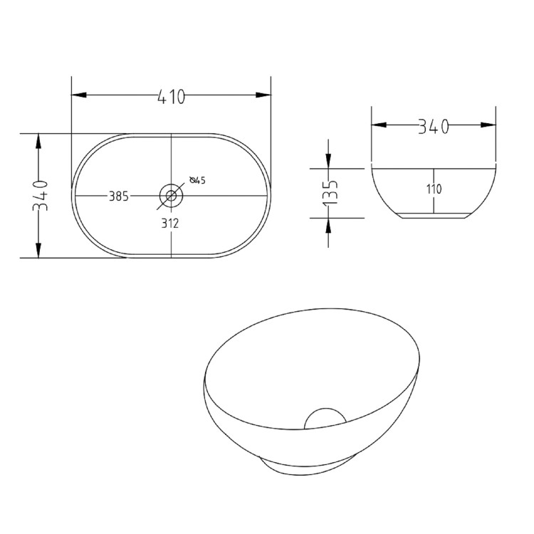 Oval Countertop Basin 405mm - Shell