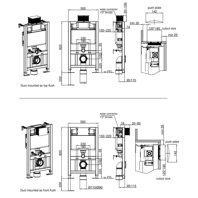 Concealed Cistern 820mm WC Fixing Frame and Flush Plate in Chrome - Zana