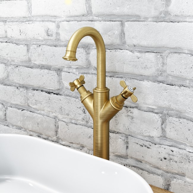 Brushed Brass Tall Crosshead Basin Mixer Tap - Camden