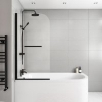 Black Bath Shower Screen with Towel Rail 1450mm - Saturn