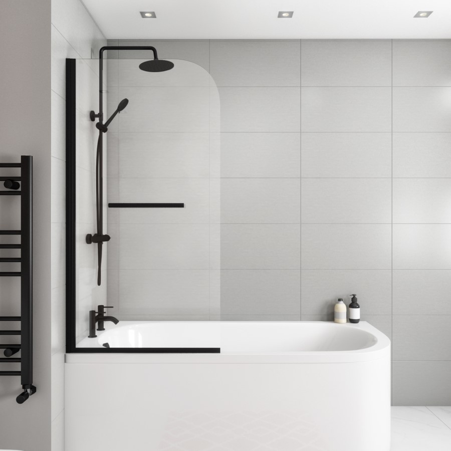 Black Bath Shower Screen with Towel Rail 1450mm - Saturn