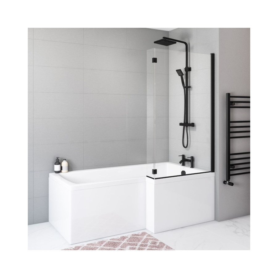 L Shaped Black Framed Shower Bath Screen 1450mm - Pluto