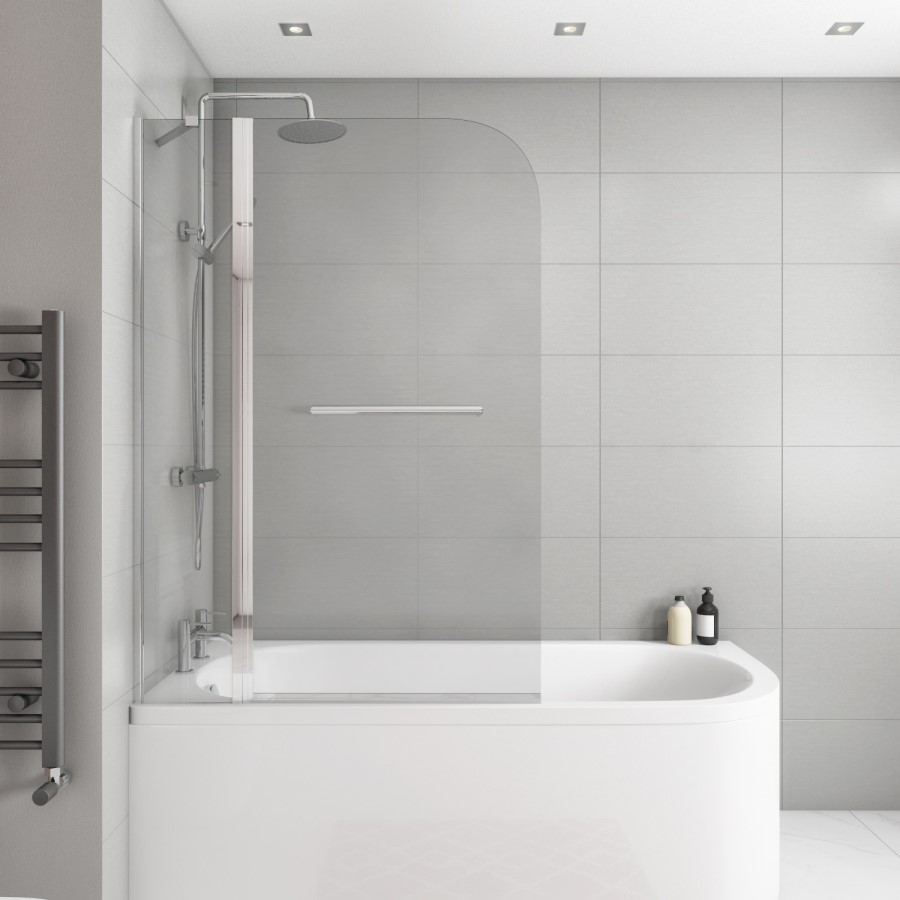 Selene Hinged Chrome Bath Screen with Fixed Panel and Towel Rail 1450mm