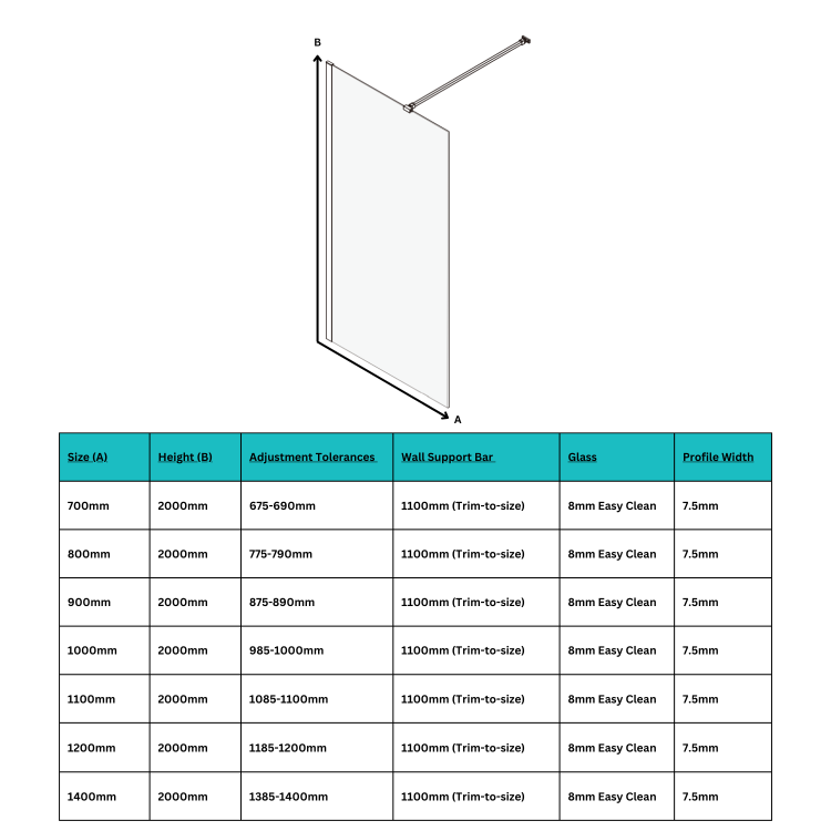 800mm Wet Room Shower Screen Frameless with Wall Support Bar - Corvus