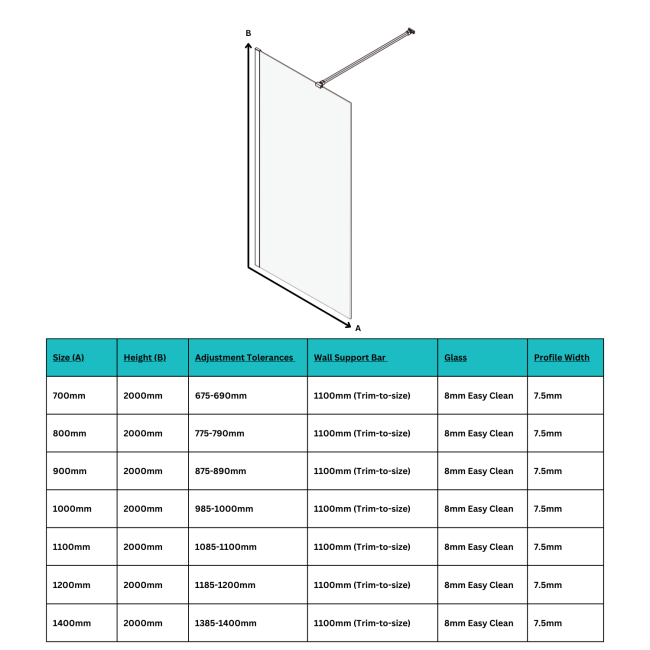 1100mm Frameless Wet Room Shower Screen - Corvus