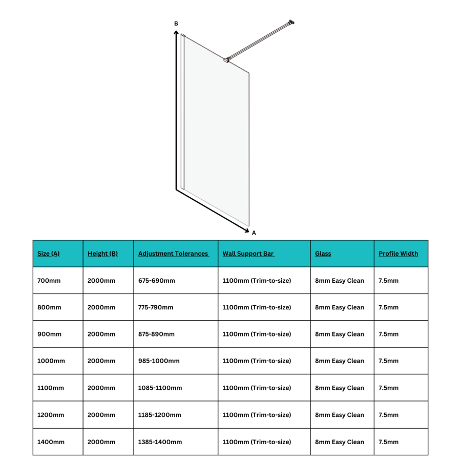 1100mm Chrome Shower Screen for Wetroom & Walk In Shower - Corvus